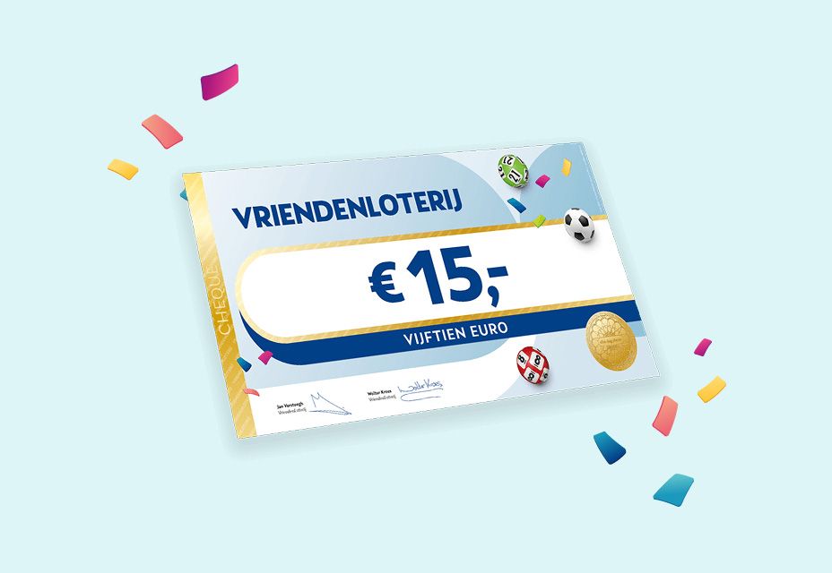 Illustratie van een cheque van €15 van de VriendenLoterij.