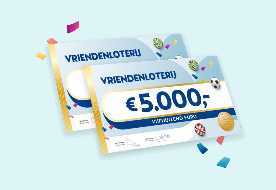 Illustratie van twee cheques van €5.000 van de VriendenLoterij.