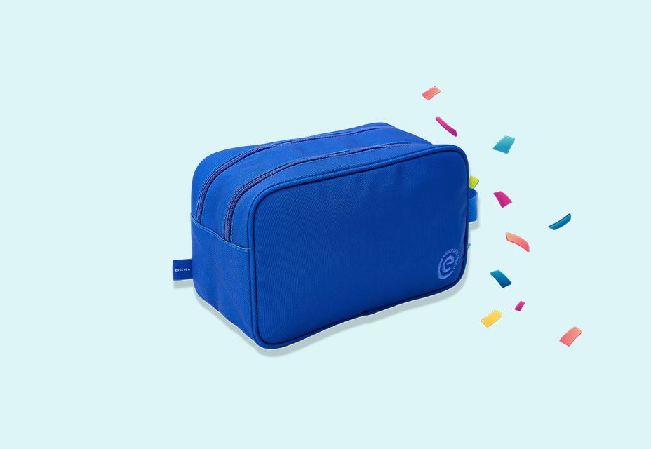 Illustratie van een blauwe toilettas van de VriendenLoterij.