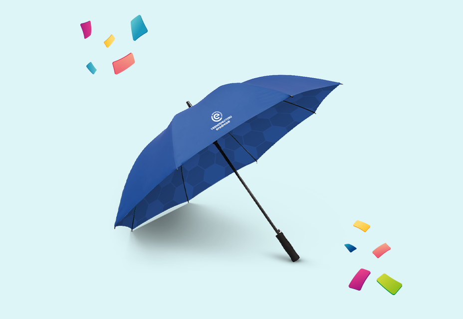 Blauwe VriendenLoterij-paraplu met kleurrijke confetti.