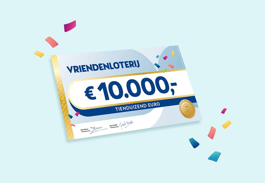 Illustratie van een cheque van €10.000 van de VriendenLoterij met confetti.