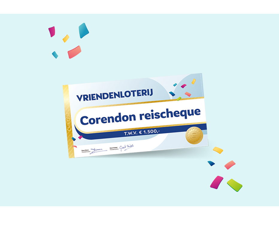 Vriendenloterij reischeque ter waarde van € 1.500, versierd met kleurrijke confetti op een lichtblauwe achtergrond.