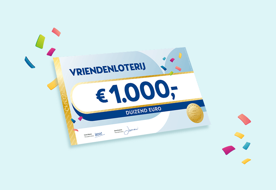 Een VriendenLoterij cheque ter waarde van €1.000,- omgeven door kleurrijke confetti.