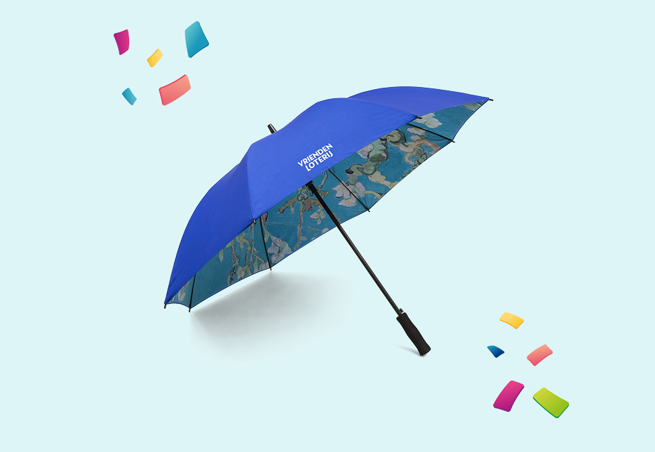 Blauwe paraplu met "Vriendenloterij"-logo en kunstig ontwerp aan de binnenkant.