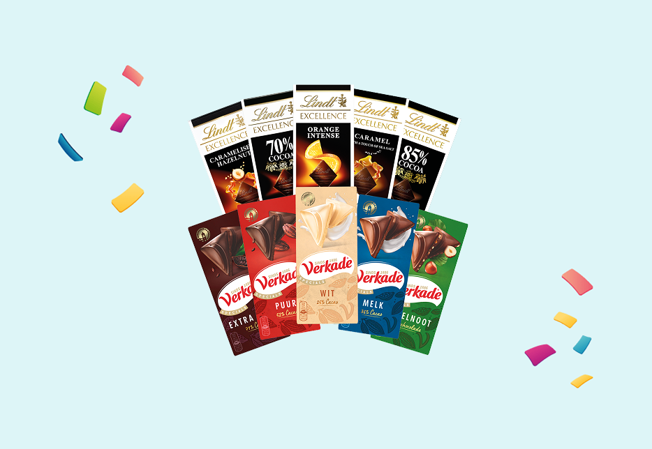Assortiment van Verkade en Lindt chocoladerepen op een lichte achtergrond, omringd door kleurrijke confetti.