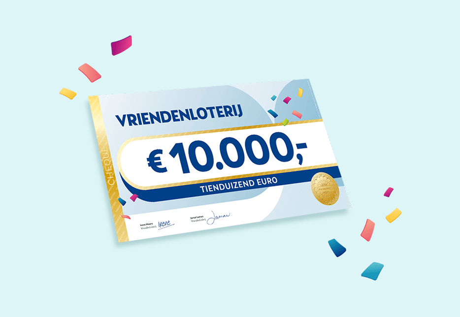 Een VriendenLoterij cheque ter waarde van €10.000,- omgeven door kleurrijke confetti.