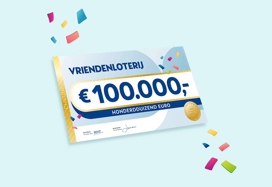 Een VriendenLoterij cheque ter waarde van €100.000,- omgeven door kleurrijke confetti.