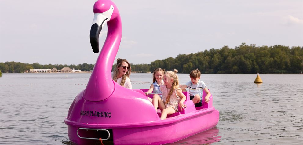 Een familie vaart vol plezier in een grote, roze flamingoboot bij Speelland Beekse Bergen. Met de VIP-KAART krijgt u hier korting op tickets.