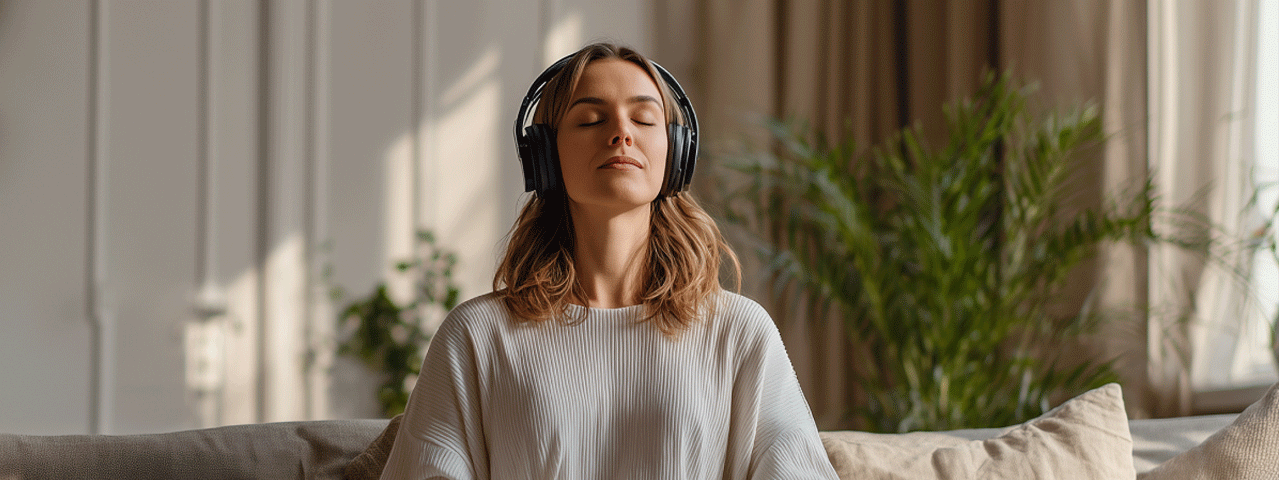 Een vrouw mediteert in haar woonkamer met een grote koptelefoon op. De kamer heeft lichte kleuren en achter haar staat een grote plant. Korting op Meditation Moments app met de VIP-KAART.