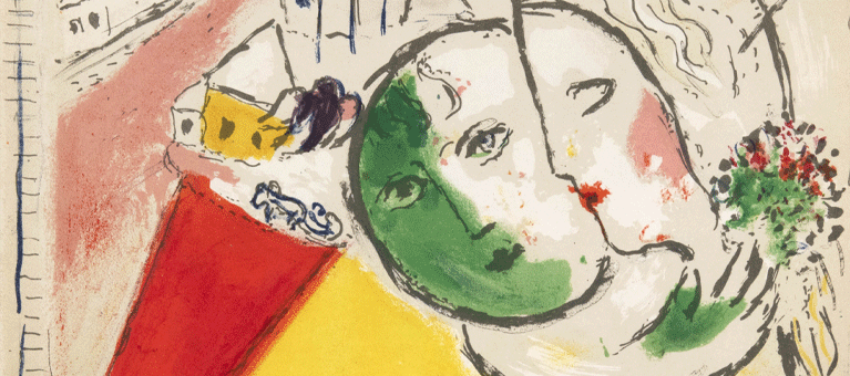 Een kleurrijk schilderij van twee gezichten gemaakt door Marc Chagall. Bezoek deze tentoonstelling gratis met de VIP-KAART
