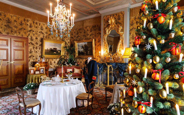 Ontdek Winterpaleis het Loo gratis met de VIP-KAART! Een prachtig gedekte tafel in een historische setting met versierde kerstboom.