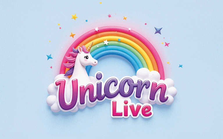 Kleurrijk logo voor de jeugdvoorstelling Unicorn Live, met een eenhoorn en een regenboog. Ontvang korting op tickets voor deze voorstelling met de VIP-KAART.