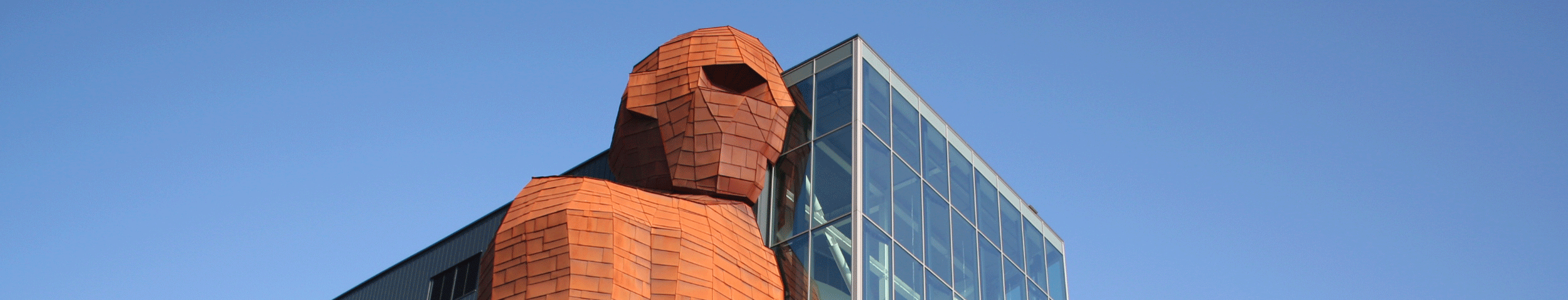 Het iconische CORPUS-gebouw in Oegstgeest, met de gigantische koperkleurige mensfiguur die half uit een modern glazen gebouw oprijst tegen een helderblauwe lucht. De opvallende combinatie van sculptuur en architectuur nodigt uit tot een ontdekkingsreis door het menselijk lichaam. Met de VIP-KAART krijg je korting op een bezoek aan CORPUS.
