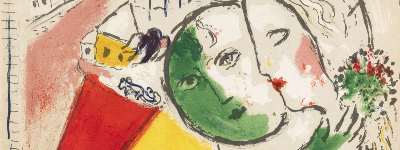 Een kleurrijk schilderij van twee gezichten gemaakt door Marc Chagall. Bezoek deze tentoonstelling gratis met de VIP-KAART